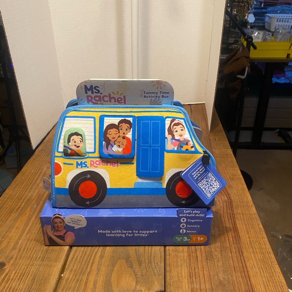 Ms. Rachel Blue and Yellow Tummy Time Activity Bus Plush Toy